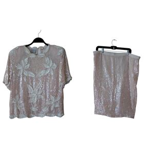 Stenay Vintage 80s Glam Pink Sequin Two Piece Top Skirt Set Size Medium
